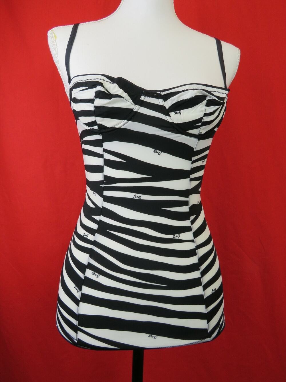DOLCE & GABBANA BLACK WHITE ZEBRA LOGO BRA STRETCH DRESS TANK TOP S